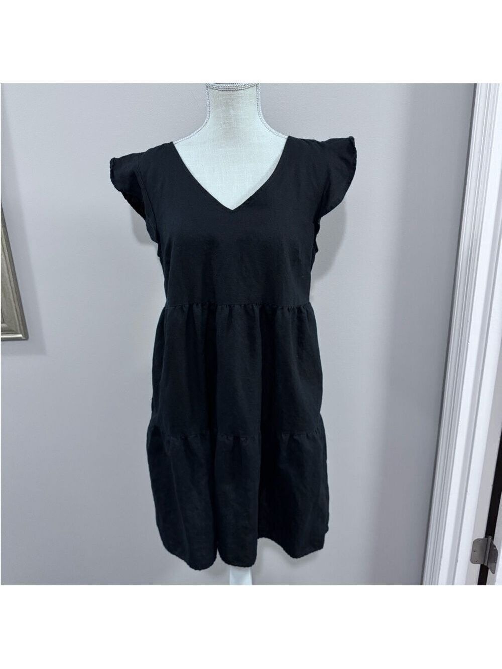 Goodthreads Women's Relaxed-Fit Washed Linen Blend Flutter-Sleeve Peasant Dress.